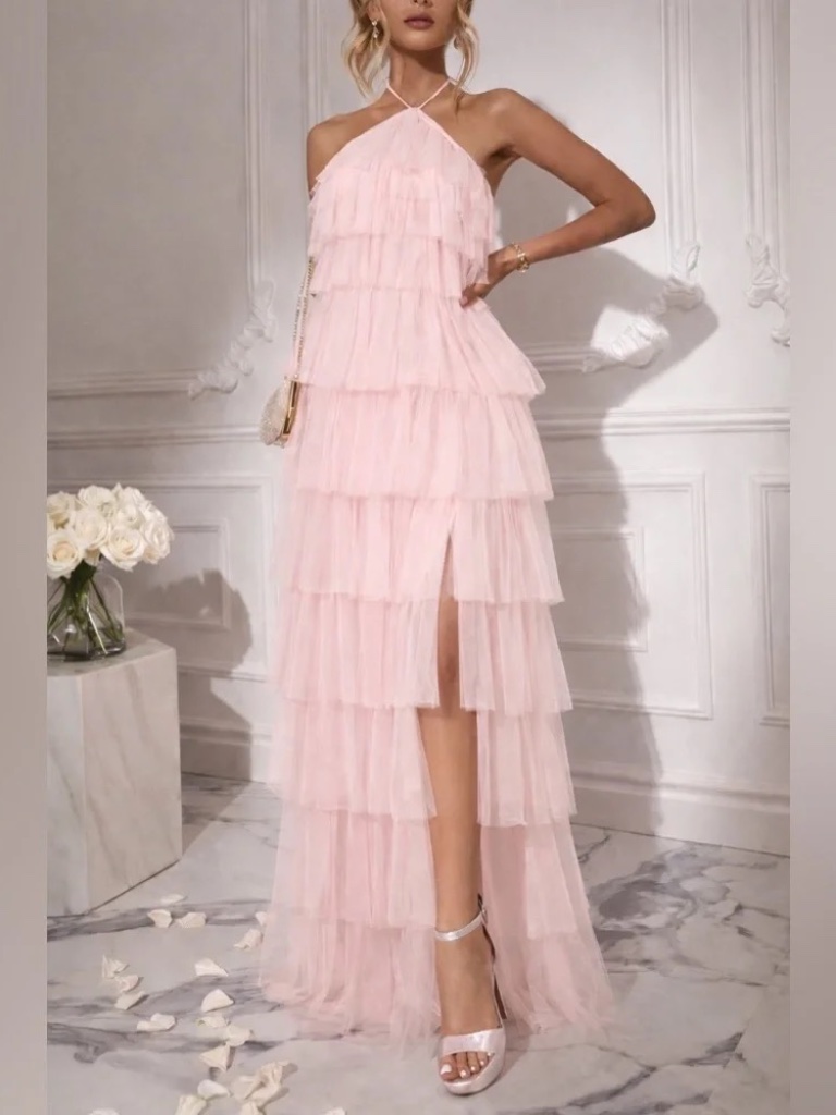 Anthropologie Mable Tierred Tulle Halter Maxi High Low Ruffle Formal Gown Pink S